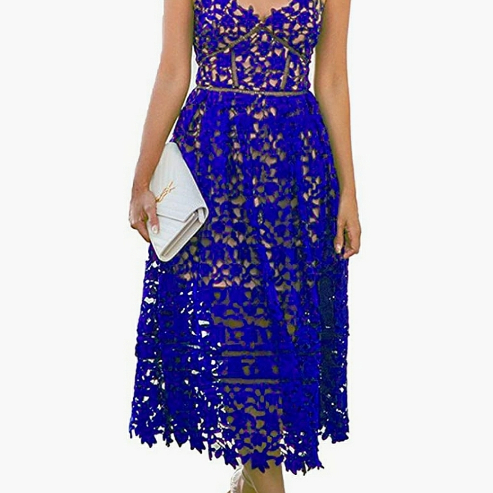 NWOT Blue Hollow Lace Nude Illusion Midi Dress, M